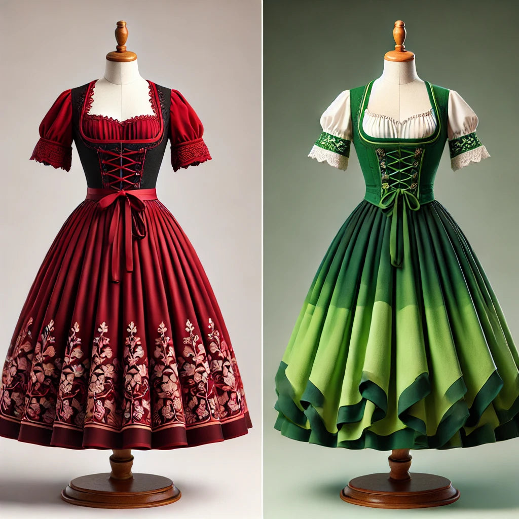 Fascinace vína -red dirndl a zeleného dirndl -cesta do světa elegance a kreativity